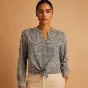 Talbots Blue, Navy, White Patterned Button-Down Shirt Tie Hem Size MP